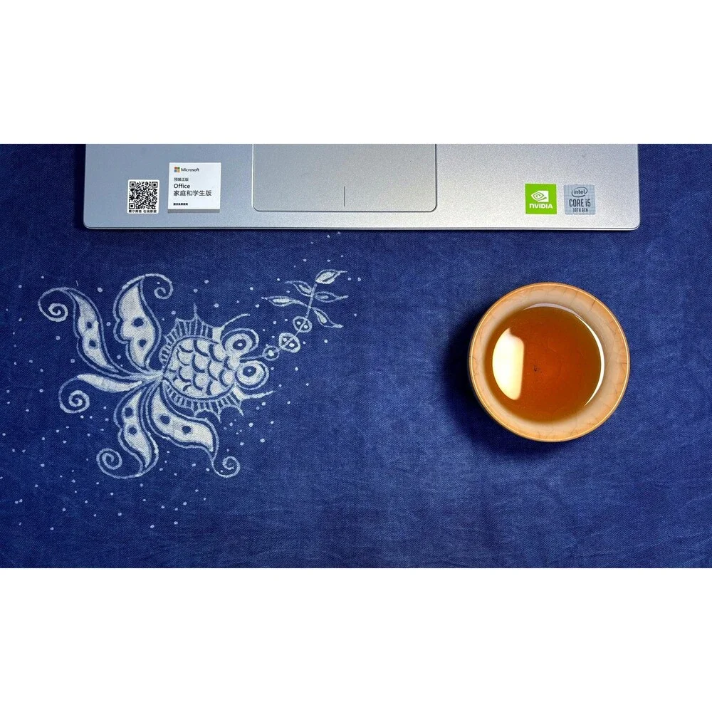 Handmade Indigo Batik Goldfish Tea Mat, Chinese Textile Placemat, Hand-Dyed